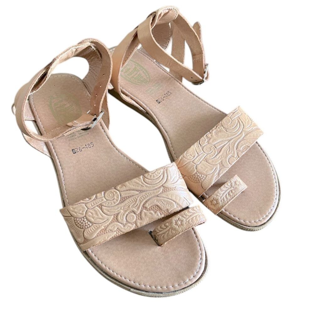 Handmade Mexican Leather Sandals Approx Size 9.5 Tan Embossed Boho Ankle Strap